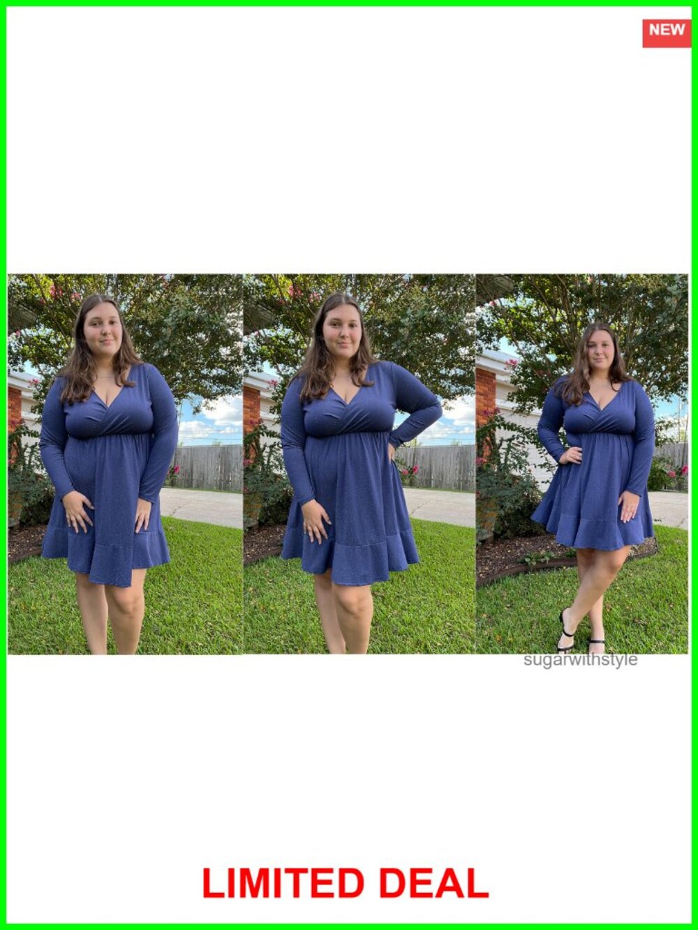 Plus Size Glitter Long Sleeve V Neck Ruffle Hem Swing Club Cocktail Party Dress - Picture 3 of 5